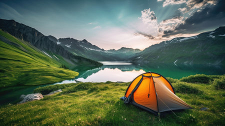 Lonely camping tent in the mountains on the shore of a lake in the summerの素材