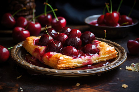 Puff pastry cake with fresh cherries and glazeの素材