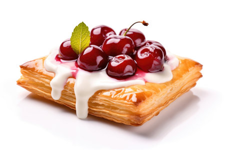 Puff pastry cake with fresh cherries and glaze on white backgroundの素材