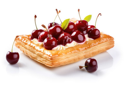 Puff pastry cake with fresh cherries and glaze on white backgroundの素材