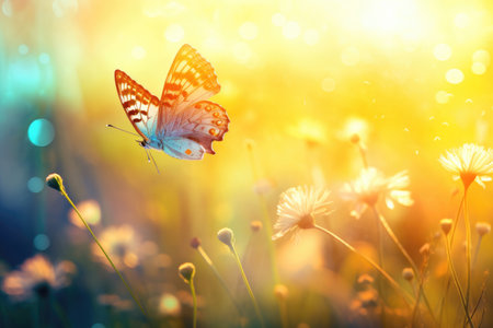 Watercolor butterfly on wildflowers in springの素材