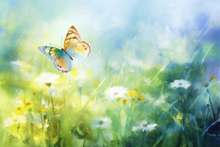 Watercolor butterfly on wildflowers in springの素材