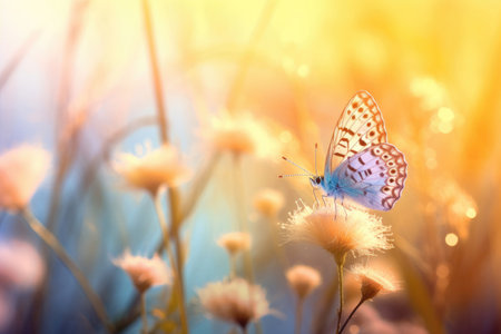 Watercolor butterfly on wildflowers in springの素材