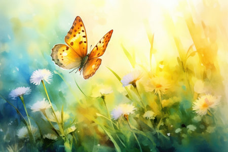 Watercolor butterfly on wildflowers in springの素材