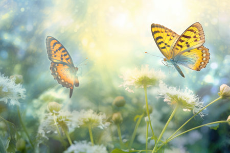 Watercolor butterfly on wildflowers in springの素材