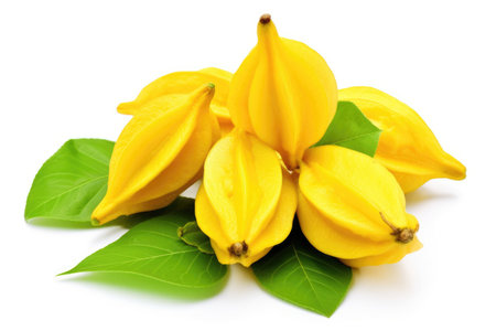 Carambola fruits with leaves on white backgroundの素材
