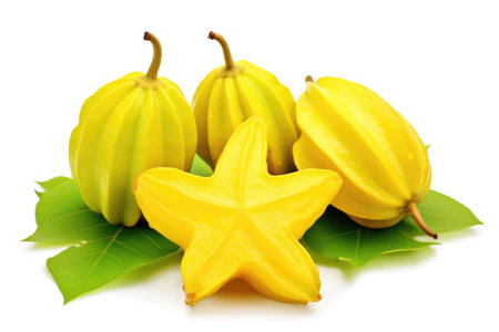 Carambola fruits with leaves on white backgroundの素材