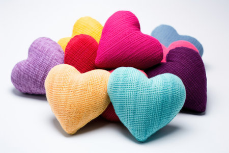 Small colorful fabric pillows shaped like a heartの素材