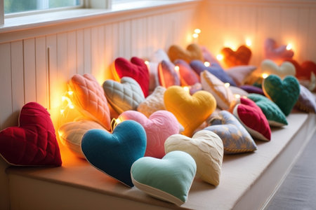 Small colorful fabric pillows shaped like a heartの素材