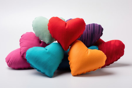 Small colorful fabric pillows shaped like a heartの素材