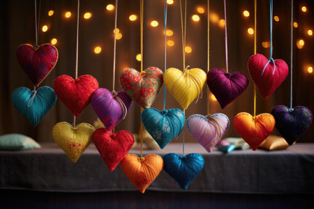 Small colorful fabric pillows shaped like a heartの素材