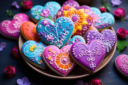 Appetizing colorful heart-shaped cookies and cakesの素材