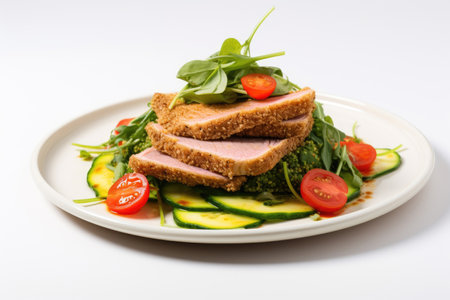 Tender pieces of tuna seared to a golden crust on top of fluffy quinoa layersの素材