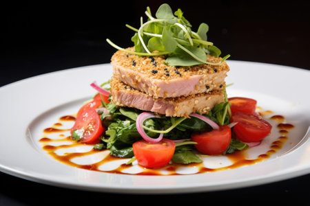 Tender pieces of tuna seared to a golden crust on top of fluffy quinoa layersの素材