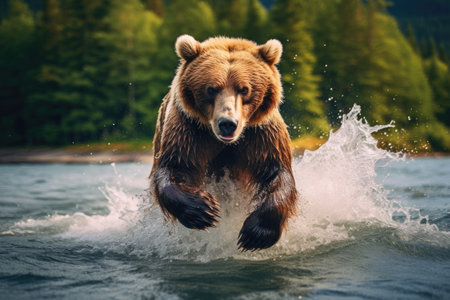A brown bear hunting for fish in its natural habitatの素材