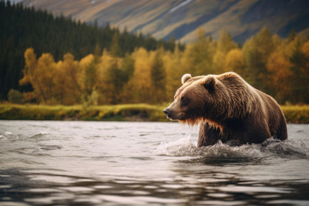 A brown bear hunting for fish in its natural habitatの素材