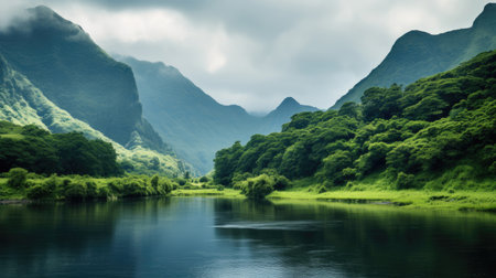 Tranquil lakefront showcasing mountains in the distanceの素材