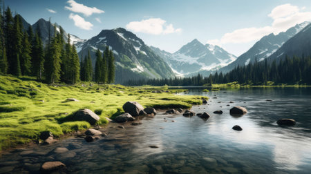 Tranquil lakefront showcasing mountains in the distanceの素材