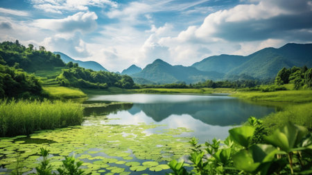 Tranquil lakefront showcasing mountains in the distanceの素材