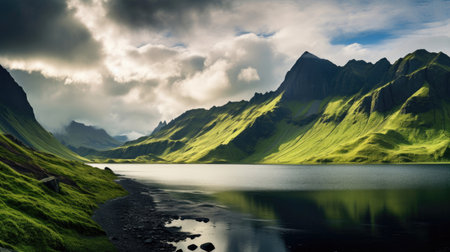 Tranquil lakefront showcasing mountains in the distanceの素材