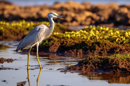 A heron searches for food amid the calm waters of a pondの素材