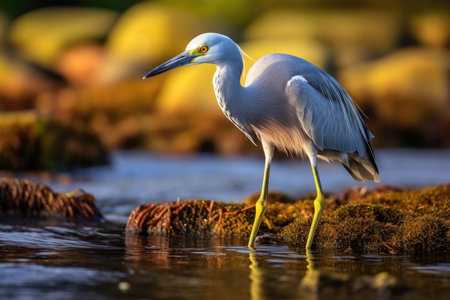 A heron searches for food amid the calm waters of a pondの素材