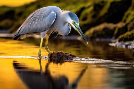 A heron searches for food amid the calm waters of a pondの素材