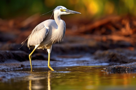 A heron searches for food amid the calm waters of a pondの素材