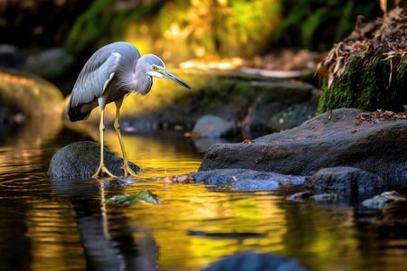 A heron searches for food amid the calm waters of a pondの素材