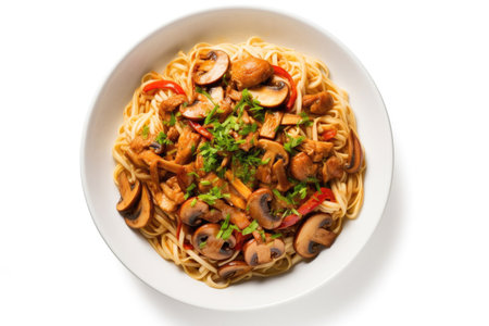 Savory stir-fry noodles with chicken, paprika and mushroomsの素材