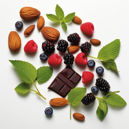 Smart nutrition for brain health - A composition of fresh berries, nuts, green leaves and pieces of dark chocolateの素材