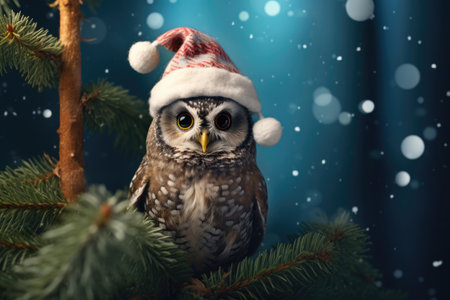 A charming owl dons a Santa Claus hat, perched amidst the dense spruce branchesの素材
