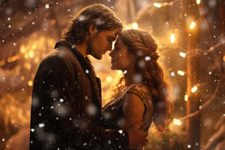 A young couple embraces under a glowing Christmas tree, surrounded by warm lights and falling snowの素材