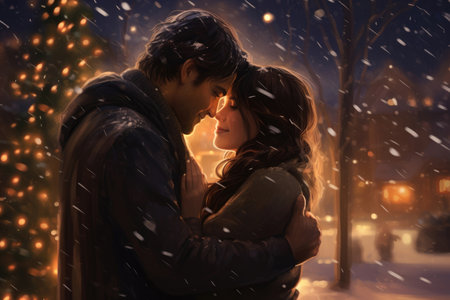 A young couple embraces under a glowing Christmas tree, surrounded by warm lights and falling snowの素材