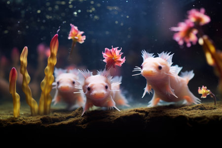 Aquatic amphibian Axolotls in a beautifully designed underwater environmentの素材