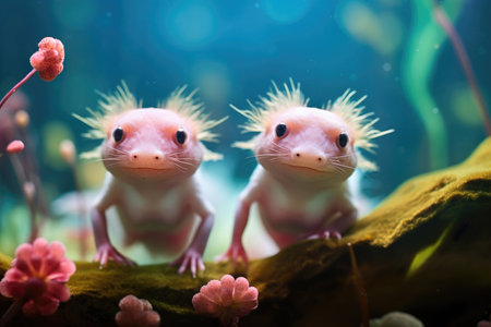Aquatic amphibian Axolotls in a beautifully designed underwater environmentの素材