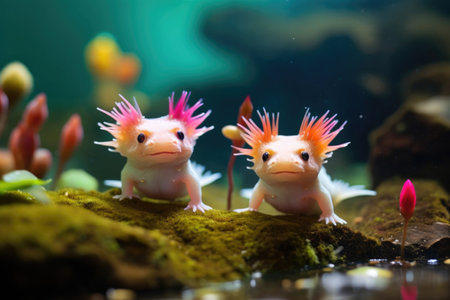 Aquatic amphibian Axolotls in a beautifully designed underwater environmentの素材