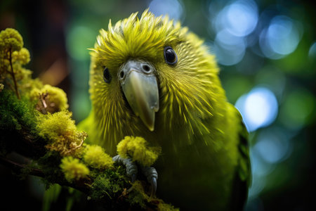 Kakapo parrot revels in its natural habitat surrounded by lush greeneryの素材
