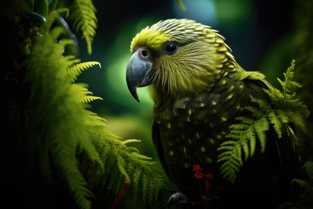 Kakapo parrot revels in its natural habitat surrounded by lush greeneryの素材
