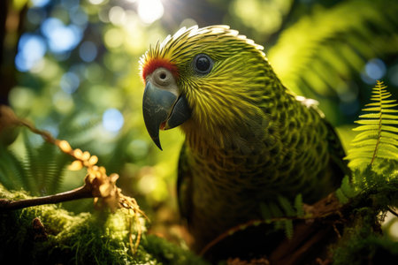 Kakapo parrot revels in its natural habitat surrounded by lush greeneryの素材