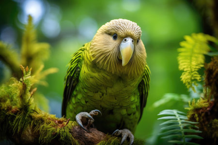 Kakapo parrot revels in its natural habitat surrounded by lush greeneryの素材