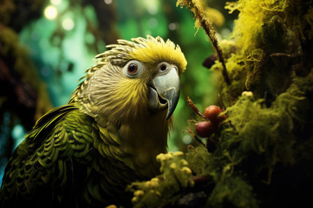 Kakapo parrot revels in its natural habitat surrounded by lush greeneryの素材