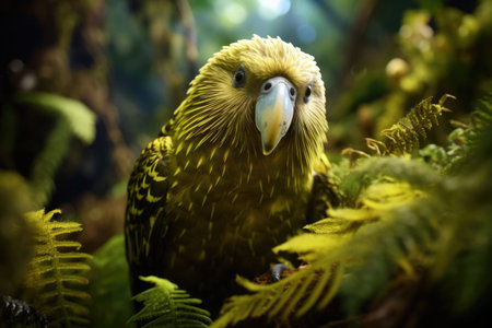 Kakapo parrot revels in its natural habitat surrounded by lush greeneryの素材
