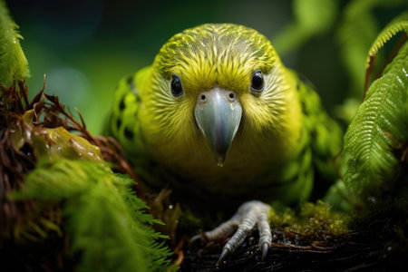 Kakapo parrot revels in its natural habitat surrounded by lush greeneryの素材