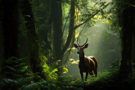 Elusive Saola, also known as the Asian unicorn, gracefully navigating a lush, untouched forestの素材