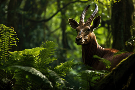 Elusive Saola, also known as the Asian unicorn, gracefully navigating a lush, untouched forestの素材