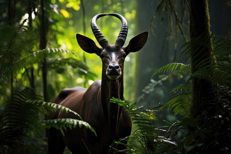 Elusive Saola, also known as the Asian unicorn, gracefully navigating a lush, untouched forestの素材