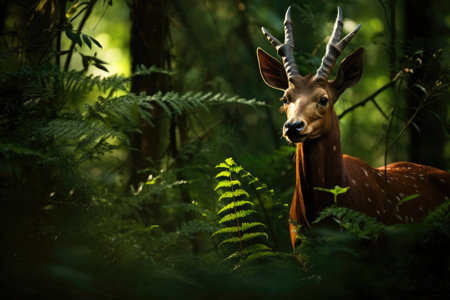 Elusive Saola, also known as the Asian unicorn, gracefully navigating a lush, untouched forestの素材