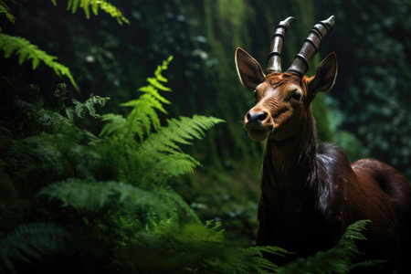 Elusive Saola, also known as the Asian unicorn, gracefully navigating a lush, untouched forestの素材
