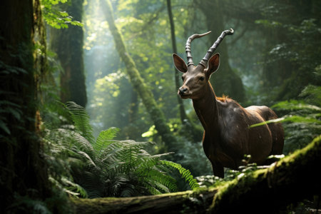 Elusive Saola, also known as the Asian unicorn, gracefully navigating a lush, untouched forestの素材